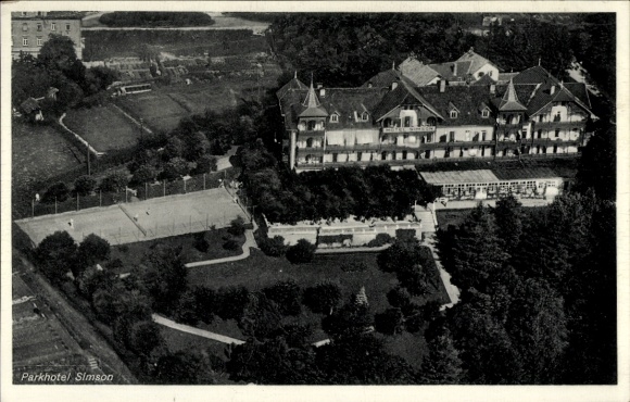 TP Tutzing en el lago Starnberg, Alta Baviera, Parkhotel Simson, jardines, canchas de tenis