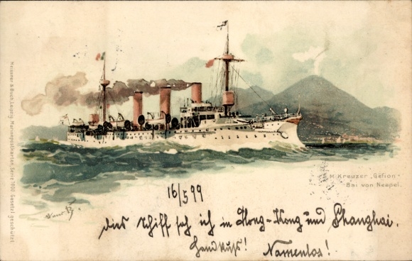 Artista litógrafo: Hans Bohrdt, Nápoles Campania, buque de guerra alemán, SMS Gefion, crucero