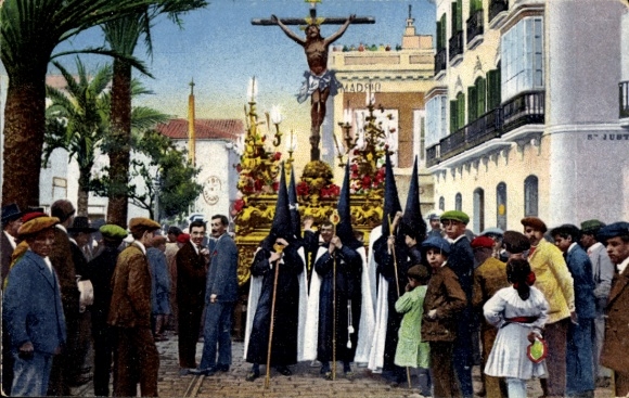 Sevilla, Andalucía, procesión, multitud, crucifixión, túnicas negras, palmera