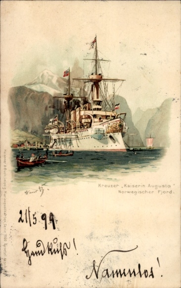 Artista litógrafo Hans Bohrdt, buque de guerra alemán, crucero Kaiserin Augusta, fiordo noruego