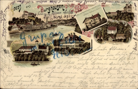 Litografía de Burghausen en el río Salzach, Alta Baviera, vista general, castillo, Raitenhaslach