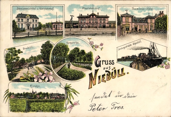 Litografía Niebüll en Frisia septentrional, vía de la estación estatal de trenes, embarcadero de Dagebüll, hotel Thamsons