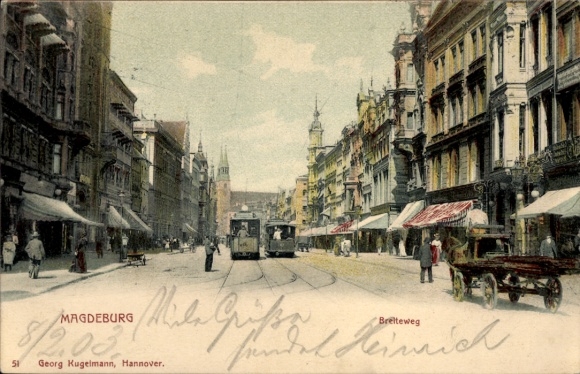 Magdeburgo del Elba, Breiteweg, tranvías, tiendas