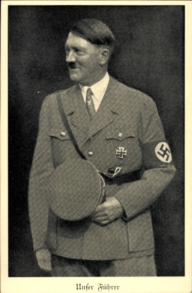 Adolf Hitler, Führer y Canciller del Reich, retrato con uniforme de partido y gorra.