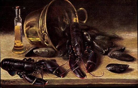 6 postales de artistas en un sobre, serie Oilette de Fritz Hildebrandt, bodegón de una mesa de cocina