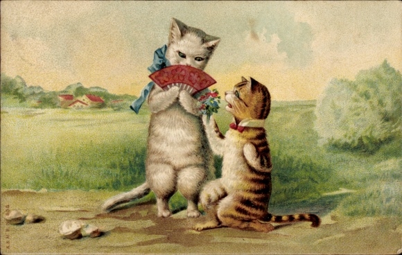 Artista TP Dos gatos, abanicos, antropomorfizados