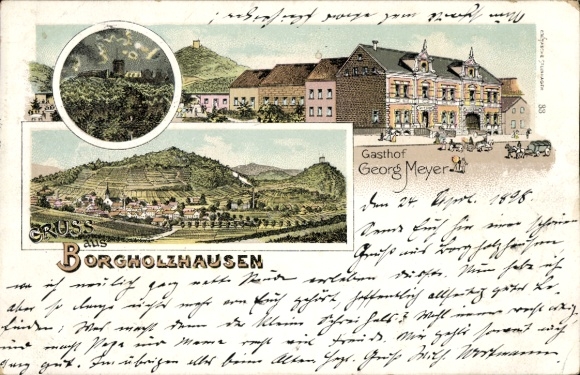 litografía Borgholzhausen en Westfalia, vista general, Gasthof Georg Meyer