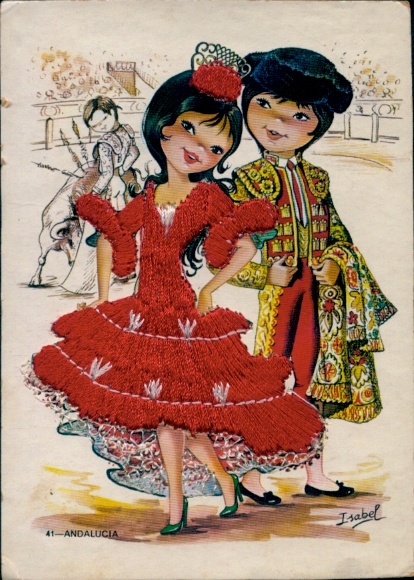 Artista de bordado en seda TP Isabel, pareja, mujer con vestido rojo, torero, corrida de toros