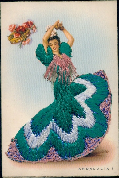 Artista de bordado en seda TP Andalusia, Mujer bailando, Traje español