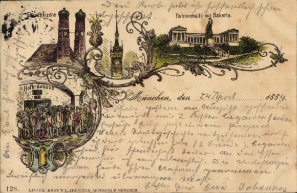 Litografía precursora Munich, Frauenkirche, Ruhmhalle, Baviera, Hofbräuhaus