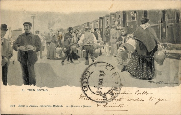 Artista TP Madrid, El Tren Botijo, tren en la estación, pasajeros con trajes tradicionales