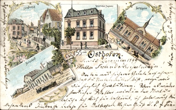 Litografía Osthofen am Rhein, gimnasio, oficina de correos, estación de tren, vía