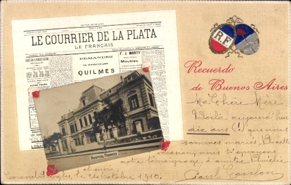 Postal de periódico en relieve Buenos Aires Argentina, Hospital Francés, Le Courrier de la Plata