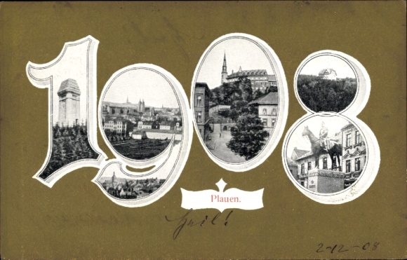 Postal Plauen im Vogtland, año 1908, plaza, torre, edificio oficial