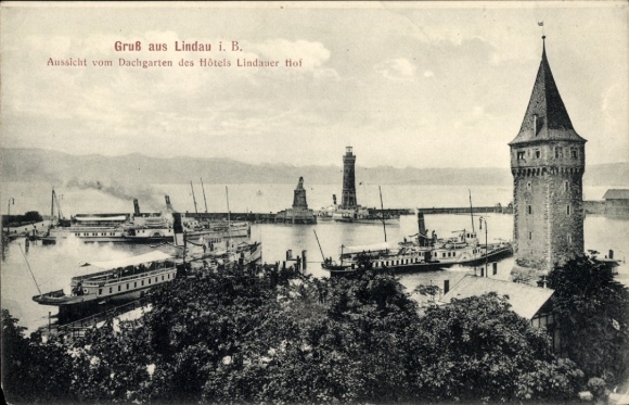 Lindau en el lago de Constanza, Suabia, vista del puerto, barcos, faro, Hotel Lindauer Hof