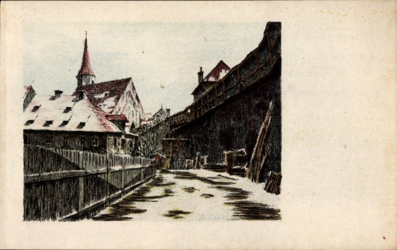 TP Eger Erlau Hungría, dibujo a pluma color, iglesia franciscana, B. Lark