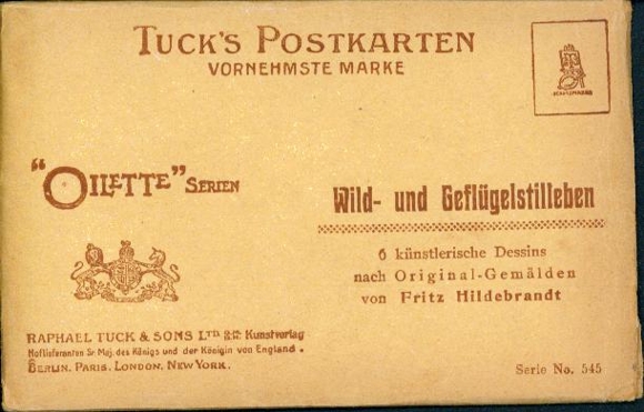 6 postales de artista en un sobre de Fritz Hildebrandt, bodegones de caza y aves