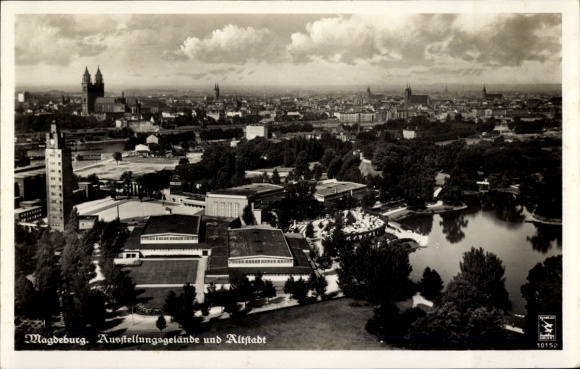 Magdeburgo a orillas del Elba, recinto ferial y casco antiguo, vista aérea