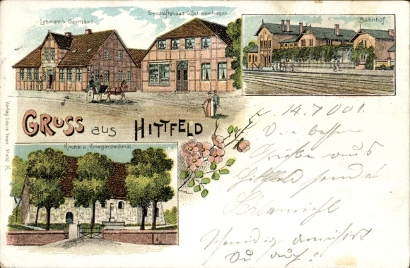 Litografía Hittfeld Seevetal en Baja Sajonia, Lohmann's Inn, estación de tren, edificio comercial Schweinhagen