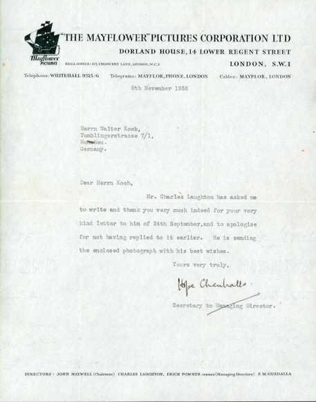 1 postal en sobre + carta, Charles Laughton, The Mayflower Pictures