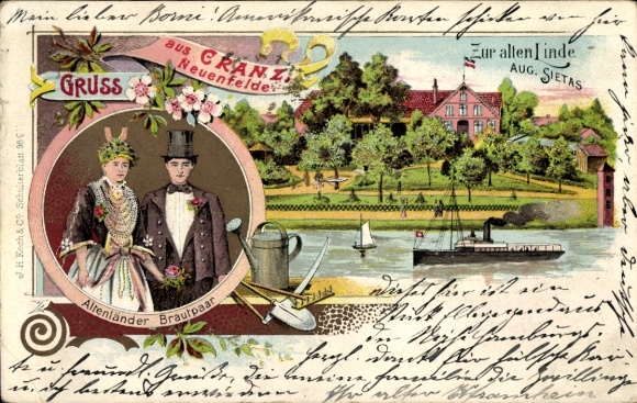 litografía Hamburg Harburg Cranz Neuenfelde, Zur alten Linde, propietario Aug. Sietas, novios Altenländer