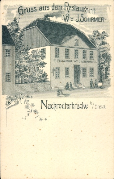 Litografía de Nachrodterbrücke, Einsal, Nachrodt, Wiblingwerde en la región de Sauerland, Restaurante Ww. J. Schirmer